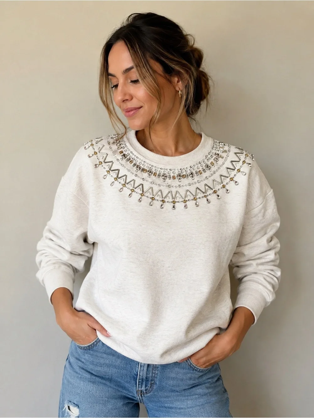 Maeve Anthropologie Embellished Sweatshirt Small Ivory Beaded Jewel Neck
